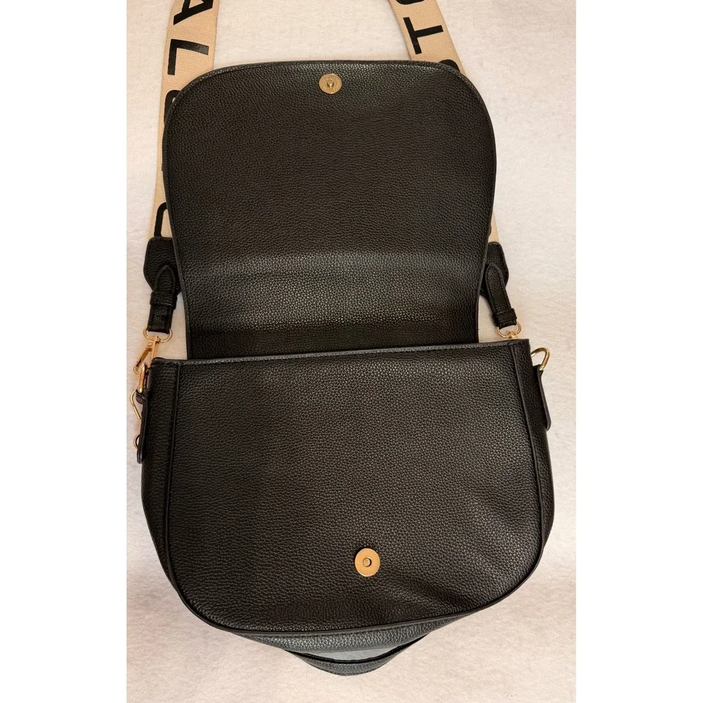 Halston Black Pebbled Faux Leather Crossbody Shoulder Bag Logo Strap Gold Tone